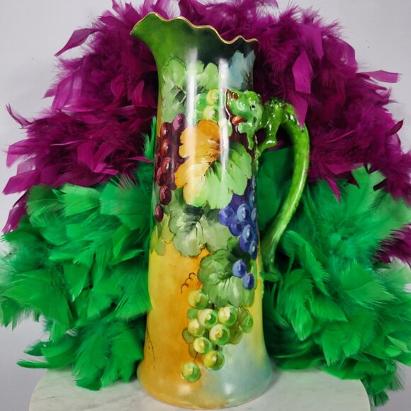 VINTAGE HUGE 15" JPL LIMOGES HAND PAINTED GRAPES DRAGON HANDLE TANKARD PITCHER - Picture 16 of 16